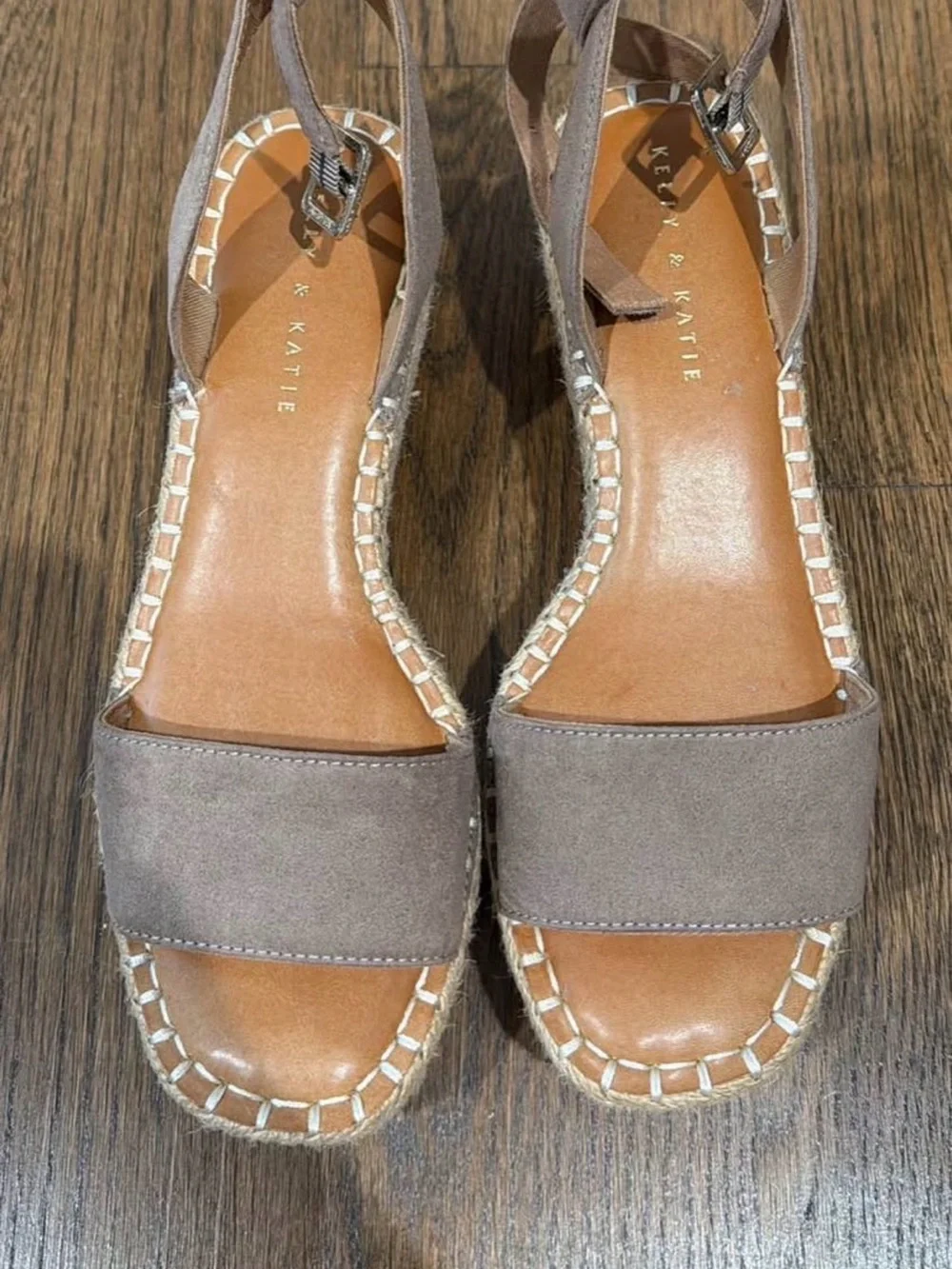 “Kelly and Kelly” wedge Sandals in Taupe and Denim Blue - Women's Summer Shoes